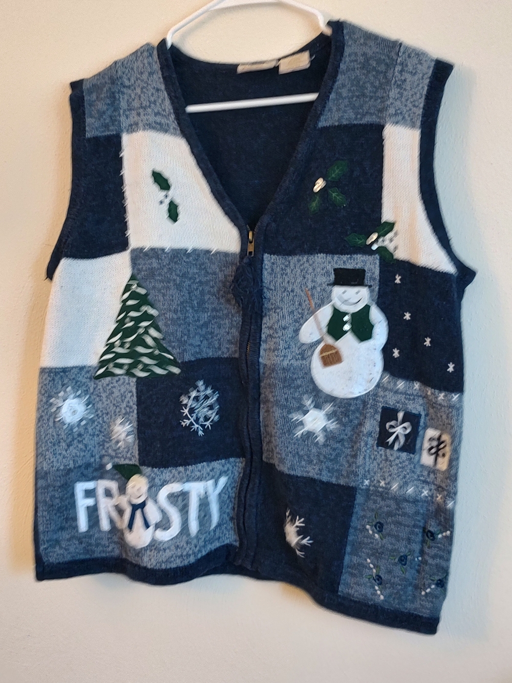 Frosty Patchwork Knit Vest - Blue/Gray Holiday Cardigan Vest